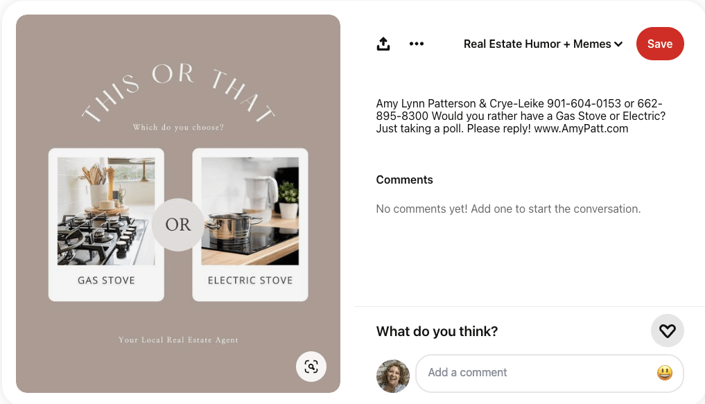 Screenshot of a Pinterest post with an image of a gas stove and one of an electric stove and the text overlay asking "This or That? Which do you choose?"
